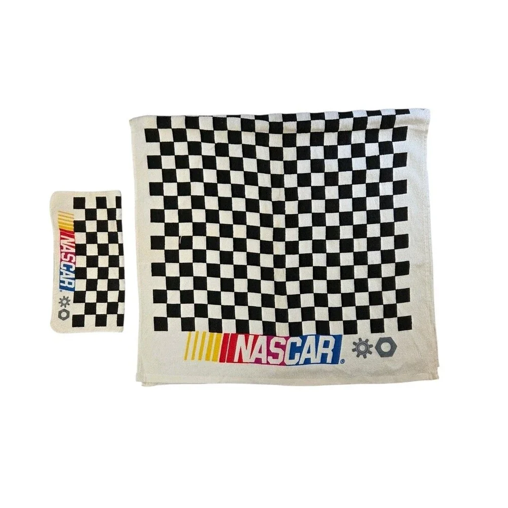 NASCAR Bath Towel & Washcloth Set Auto Racing Checker Flag 100% Cotton 2 Pc Set